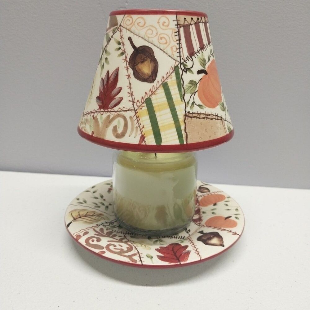 Yankee Candle Small Jar Ceramic Shade & Plate Fall Pumpkin Leaf Patchwork